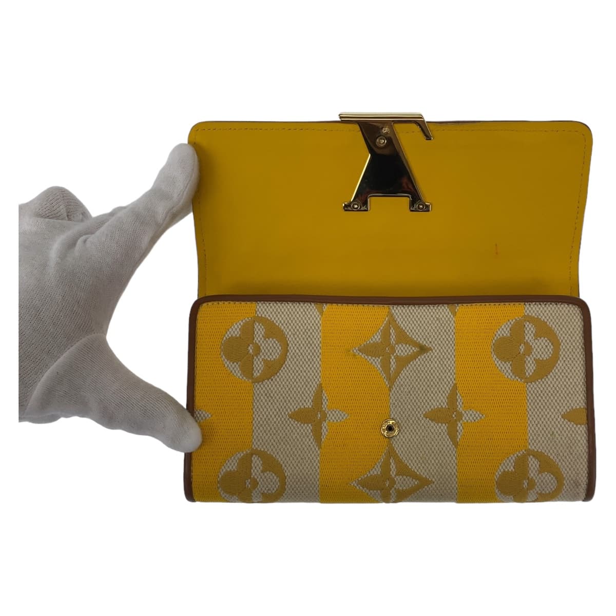 10909
LOUIS VUITTON ルイヴィトン モノグラム ポルトフォイユ カプシーヌ イエロー ブラウン ゴールド金具 キャンバス / レザー M80416 長財布 ストライプジョーヌ  レディース