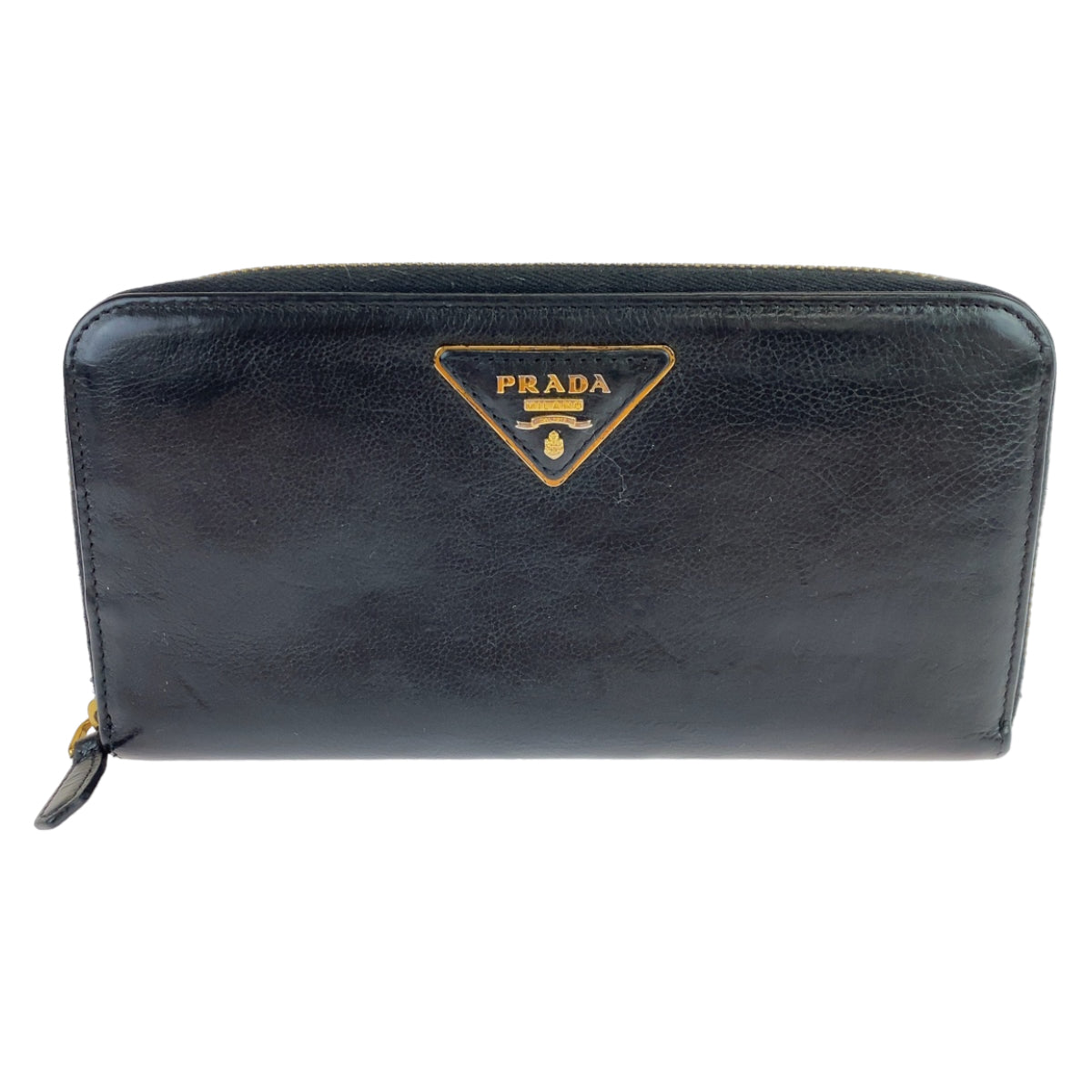 10910
PRADA プラダ 三角ロゴプレート ブラック 黒 ゴールド金具 レザー 長財布 ラウンドジップ  レディース
