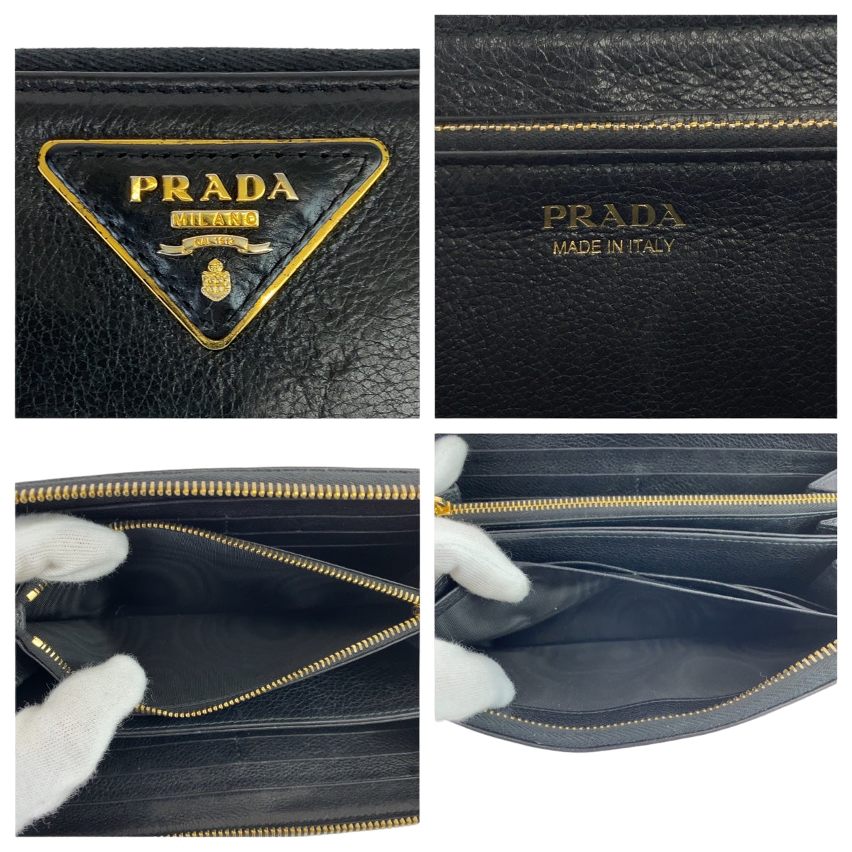 10910
PRADA プラダ 三角ロゴプレート ブラック 黒 ゴールド金具 レザー 長財布 ラウンドジップ  レディース