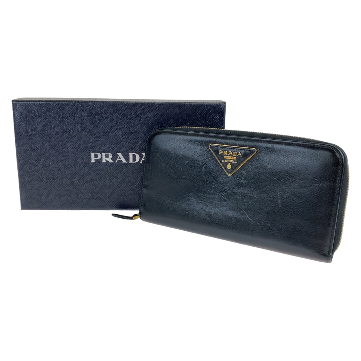 10910
PRADA プラダ 三角ロゴプレート ブラック 黒 ゴールド金具 レザー 長財布 ラウンドジップ  レディース