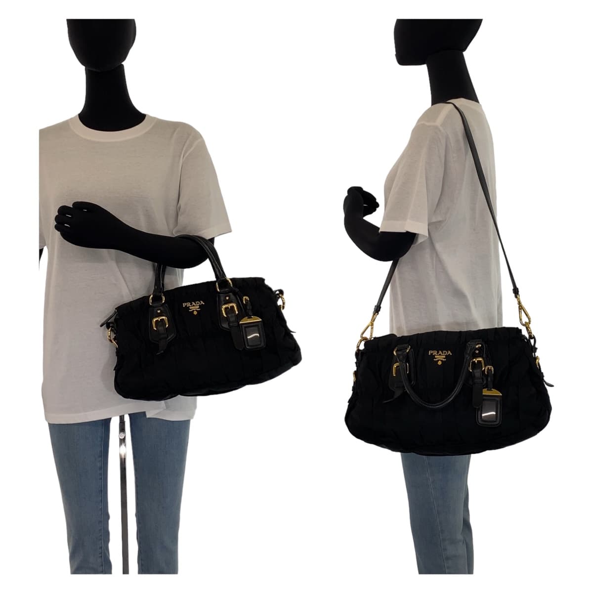 PRADA Prada Tessuto Black Gold Hardware Nylon/Leather Shoulder Bag Handbag 2WAY Women's