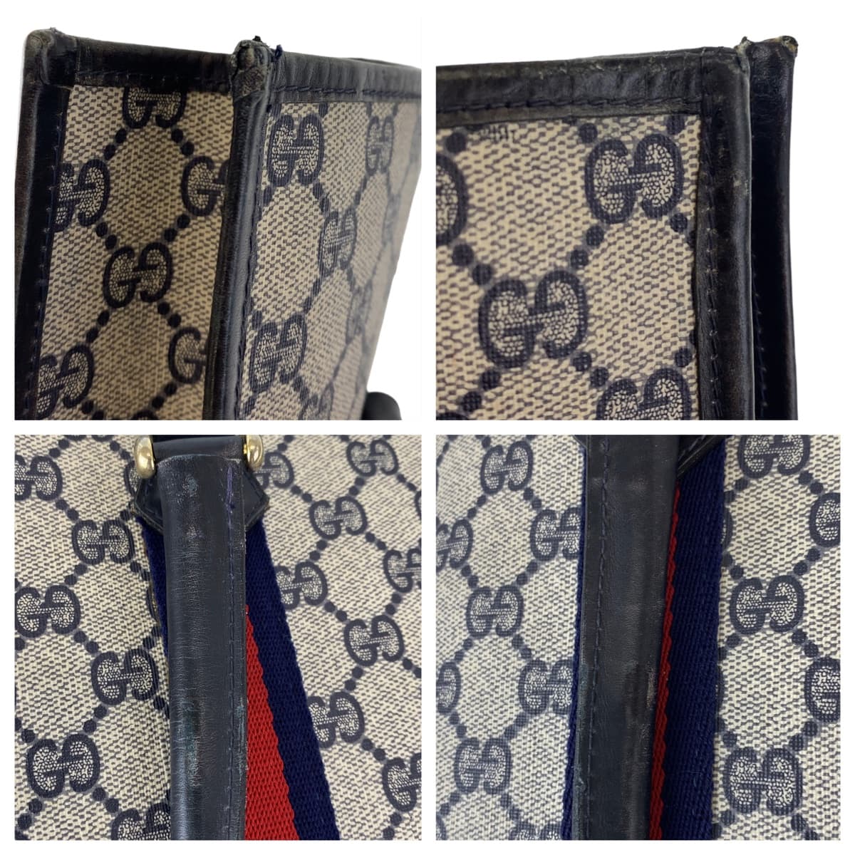GUCCI グッチ ヴィンテージ オールドグッチ シェリーライン グレー ネイビー ゴールド金具 GGスプリームキャンバス / レザー トートバッグ ハンドバッグ  メンズ