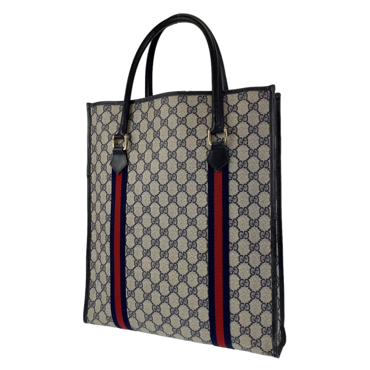 GUCCI グッチ ヴィンテージ オールドグッチ シェリーライン グレー ネイビー ゴールド金具 GGスプリームキャンバス / レザー トートバッグ ハンドバッグ  メンズ