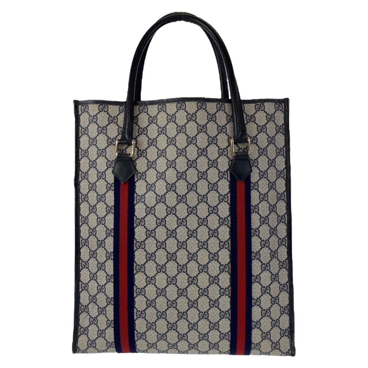 GUCCI グッチ ヴィンテージ オールドグッチ シェリーライン グレー ネイビー ゴールド金具 GGスプリームキャンバス / レザー トートバッグ ハンドバッグ  メンズ