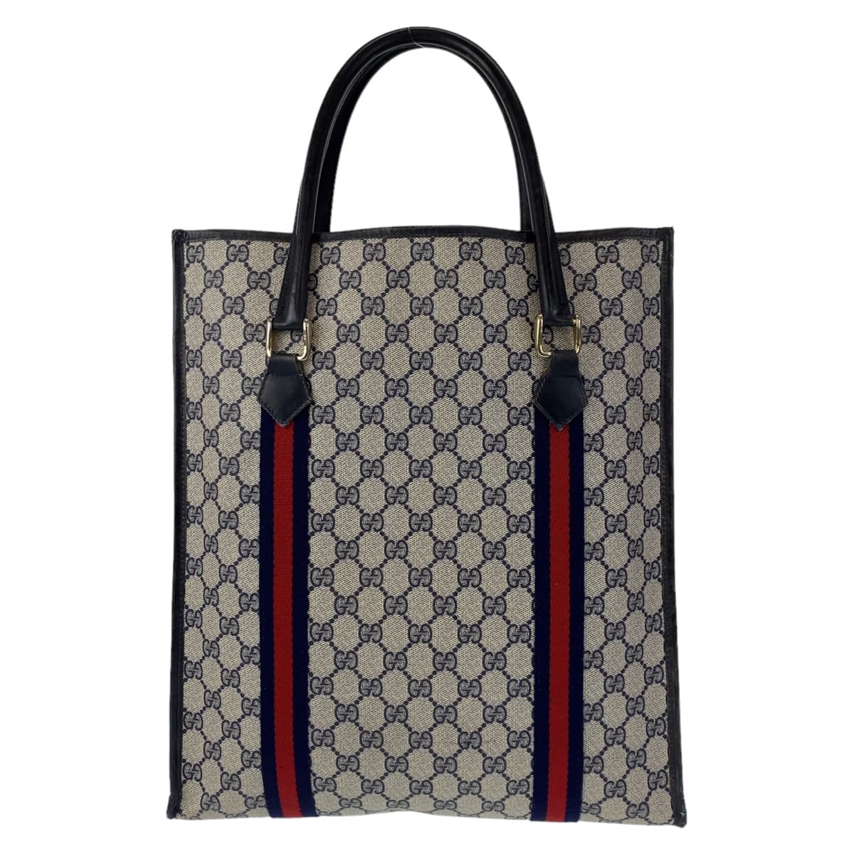 GUCCI グッチ ヴィンテージ オールドグッチ シェリーライン グレー ネイビー ゴールド金具 GGスプリームキャンバス / レザー トートバッグ ハンドバッグ  メンズ