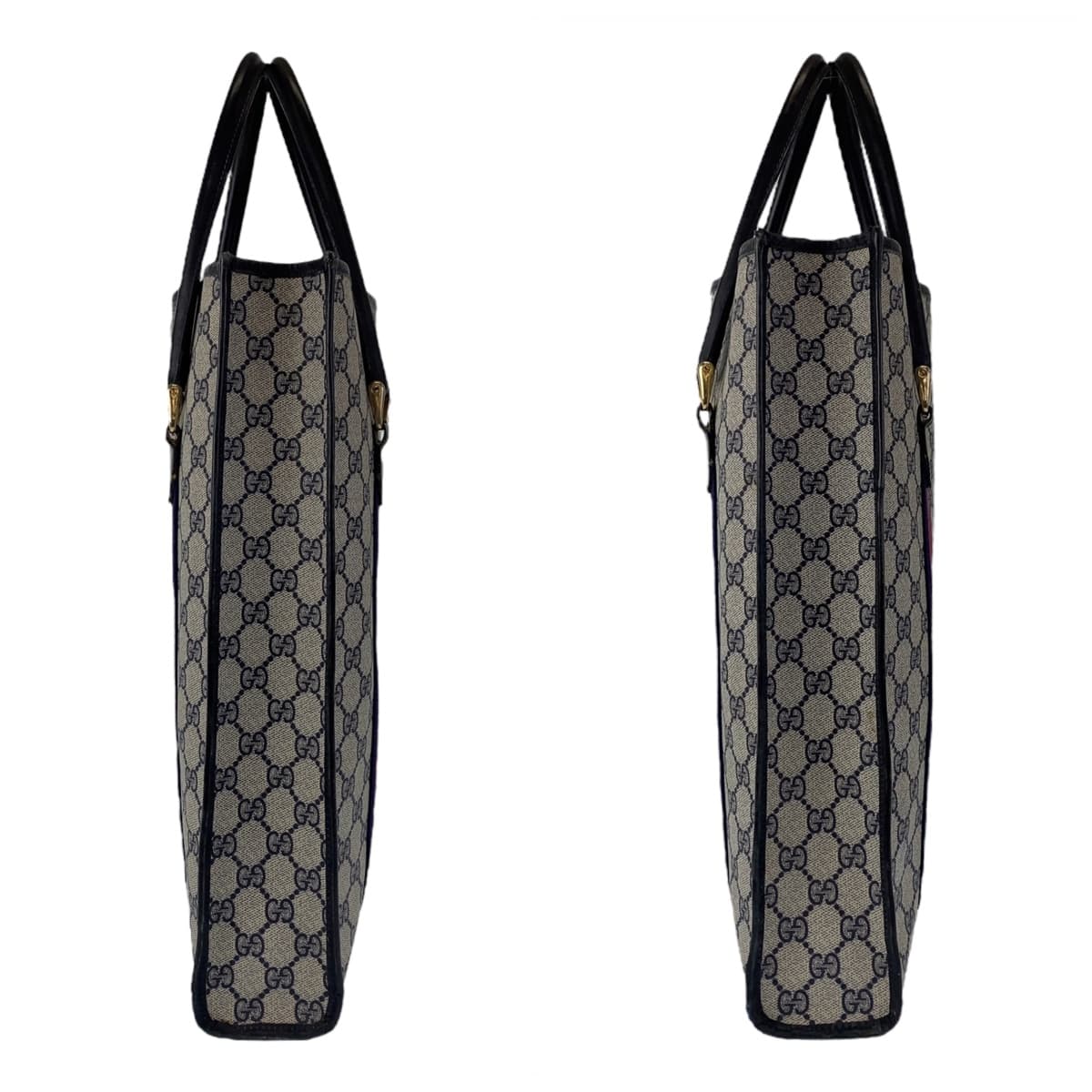 GUCCI グッチ ヴィンテージ オールドグッチ シェリーライン グレー ネイビー ゴールド金具 GGスプリームキャンバス / レザー トートバッグ ハンドバッグ  メンズ