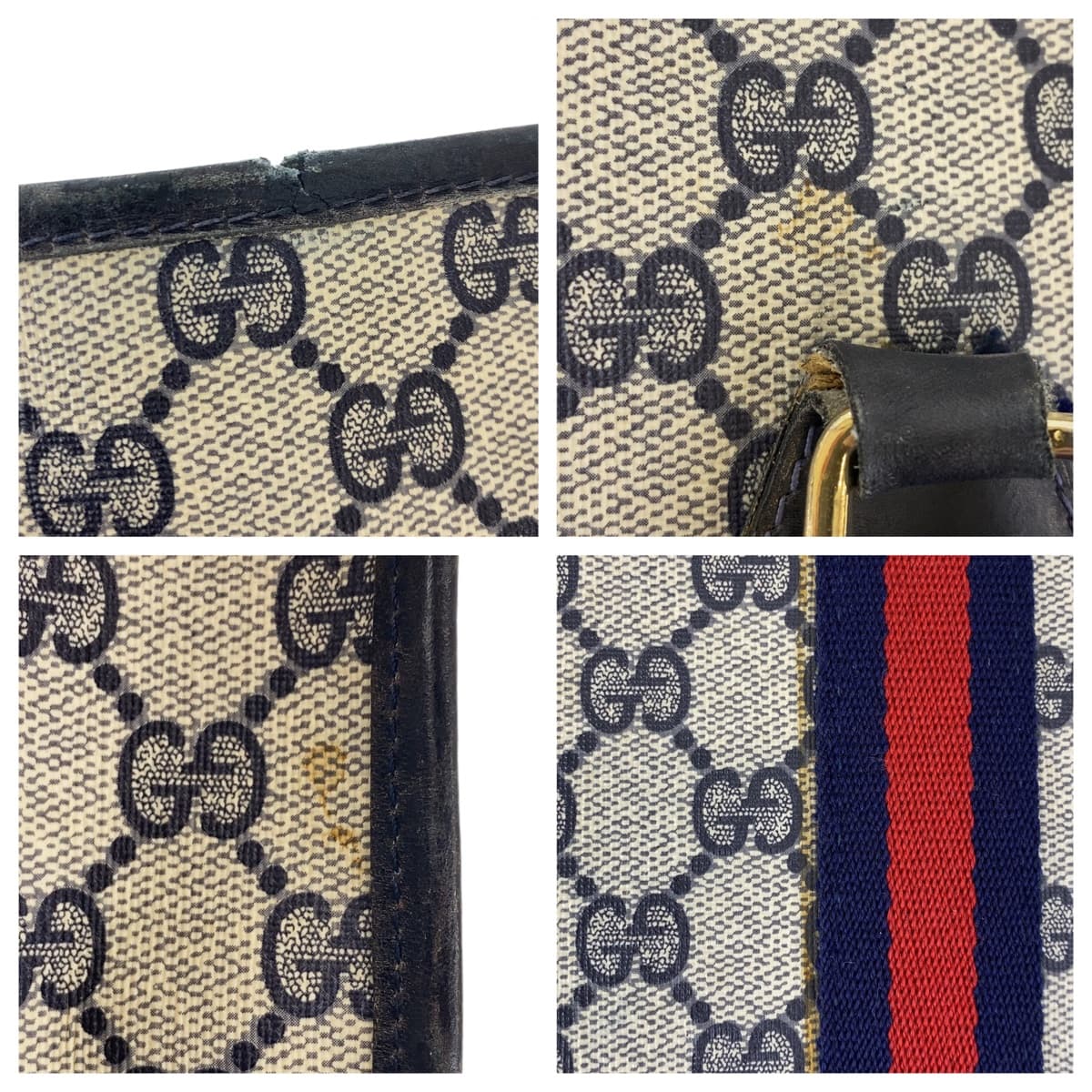 GUCCI グッチ ヴィンテージ オールドグッチ シェリーライン グレー ネイビー ゴールド金具 GGスプリームキャンバス / レザー トートバッグ ハンドバッグ  メンズ