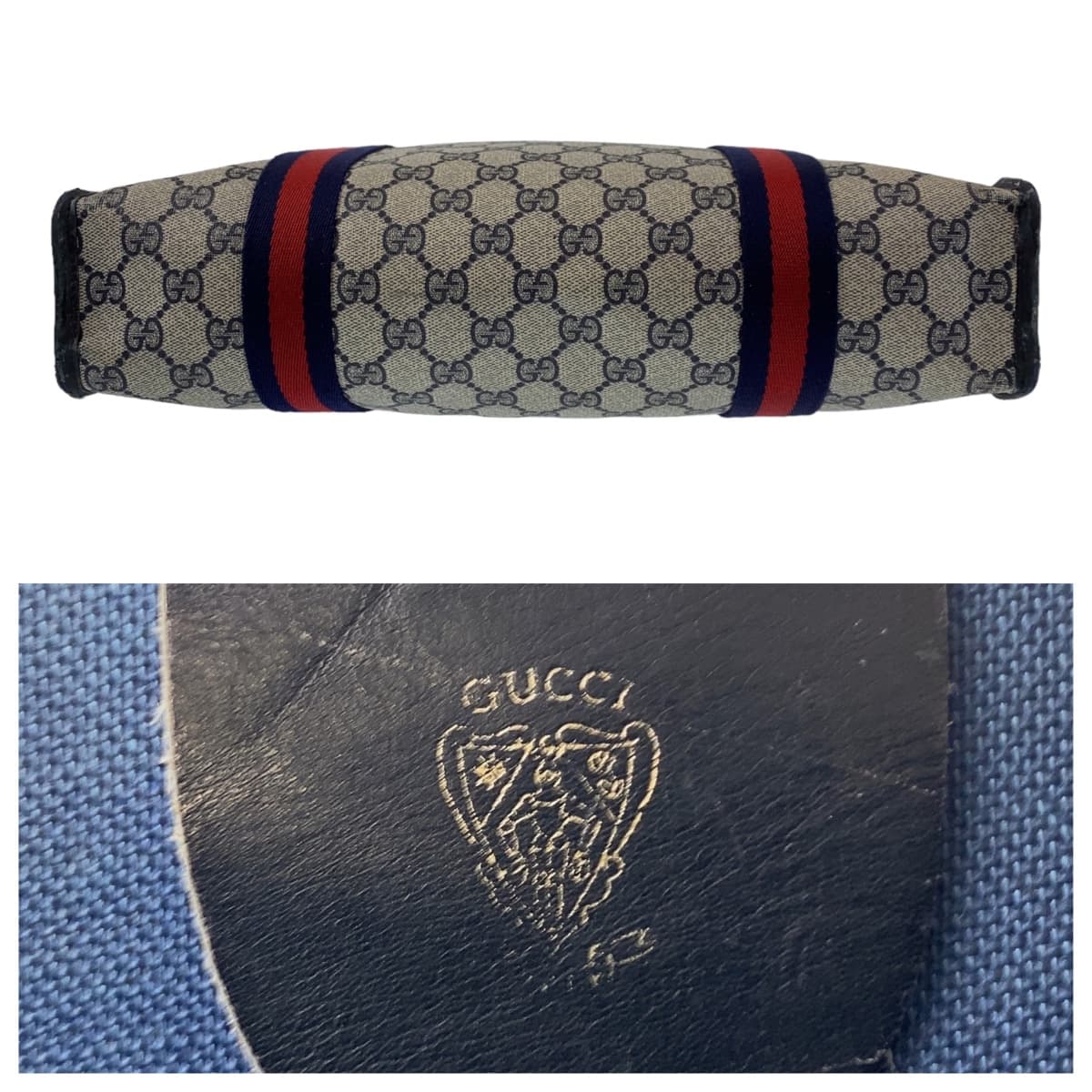GUCCI グッチ ヴィンテージ オールドグッチ シェリーライン グレー ネイビー ゴールド金具 GGスプリームキャンバス / レザー トートバッグ ハンドバッグ  メンズ