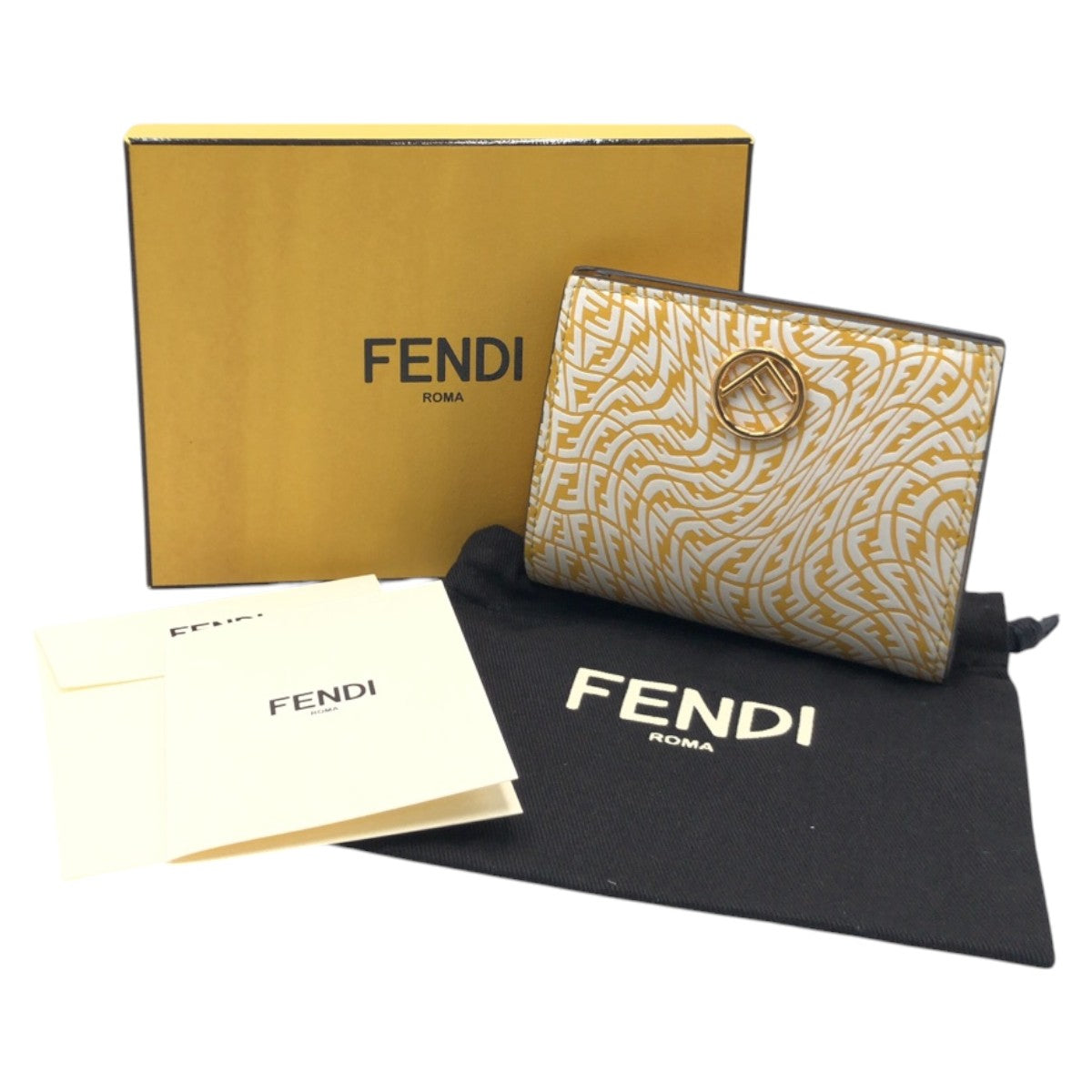 12842
FENDI フェンディ イエロー ホワイト レザー 折財布 コンパクトウォレット  レディース