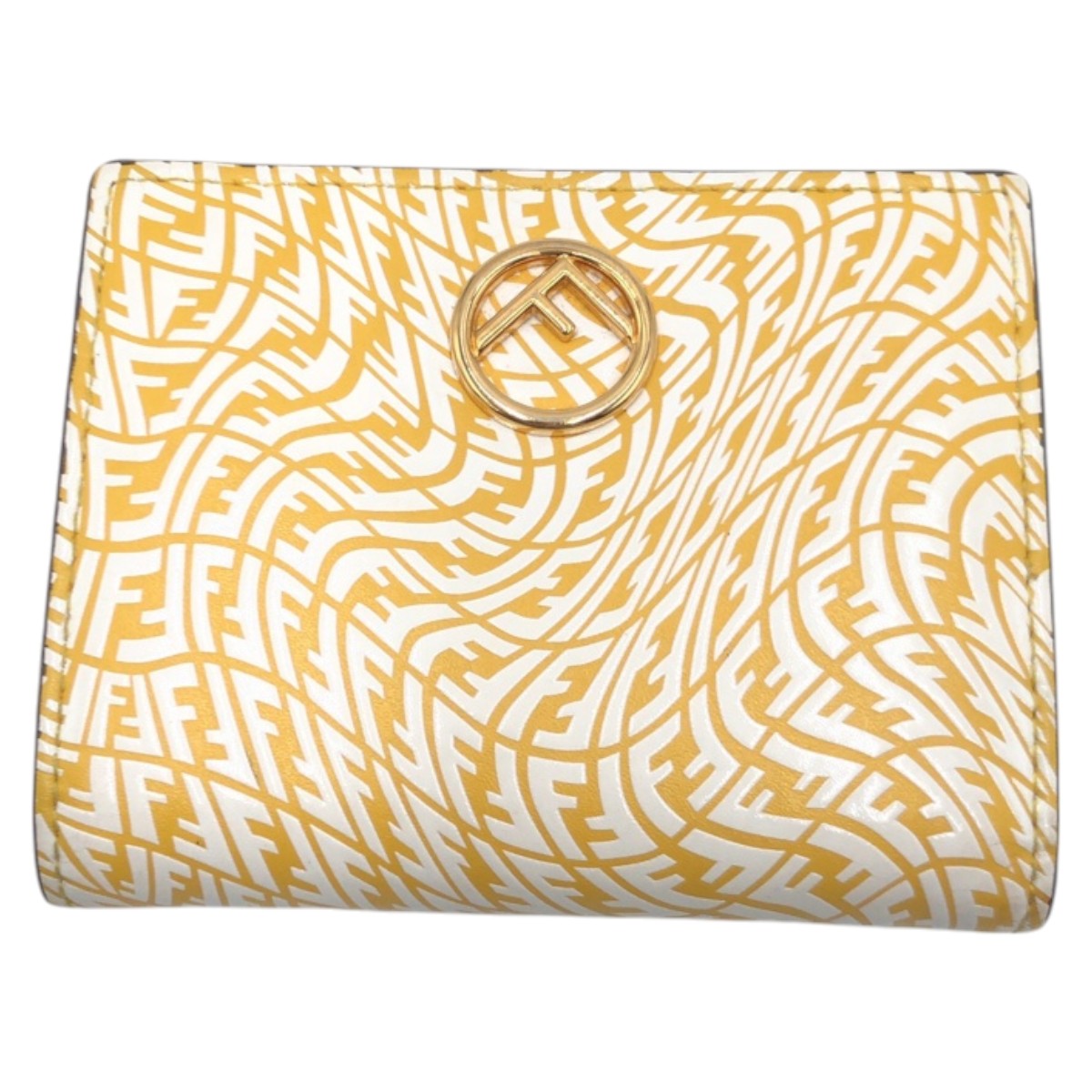 12842
FENDI フェンディ イエロー ホワイト レザー 折財布 コンパクトウォレット  レディース