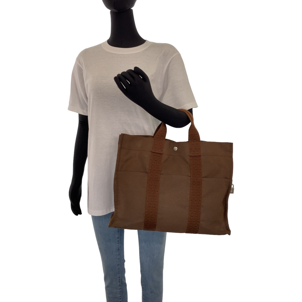 HERMES エルメス エールラインMM ブラウン 茶 シルバー金具 キャンバス トートバッグ ハンドバッグ 男女兼用  レディース