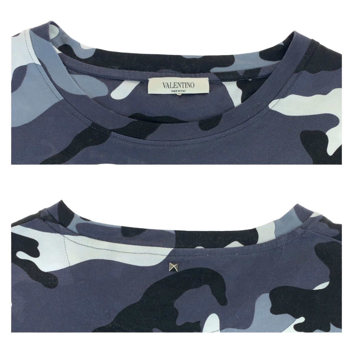 10941
VALENTINO ヴァレンティノ カモフラージュ 迷彩柄 ロックスタッズ サイズL グレー ブルー シルバー金具 コットン IV0MG00W2GC 半袖Tシャツ クルーネック  メンズ