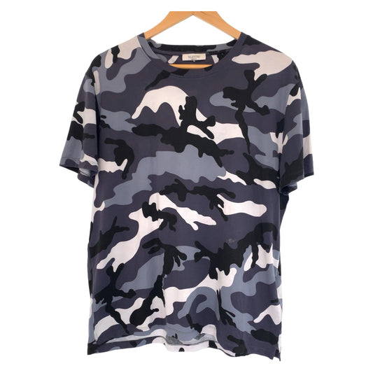 10941
VALENTINO ヴァレンティノ カモフラージュ 迷彩柄 ロックスタッズ サイズL グレー ブルー シルバー金具 コットン IV0MG00W2GC 半袖Tシャツ クルーネック  メンズ