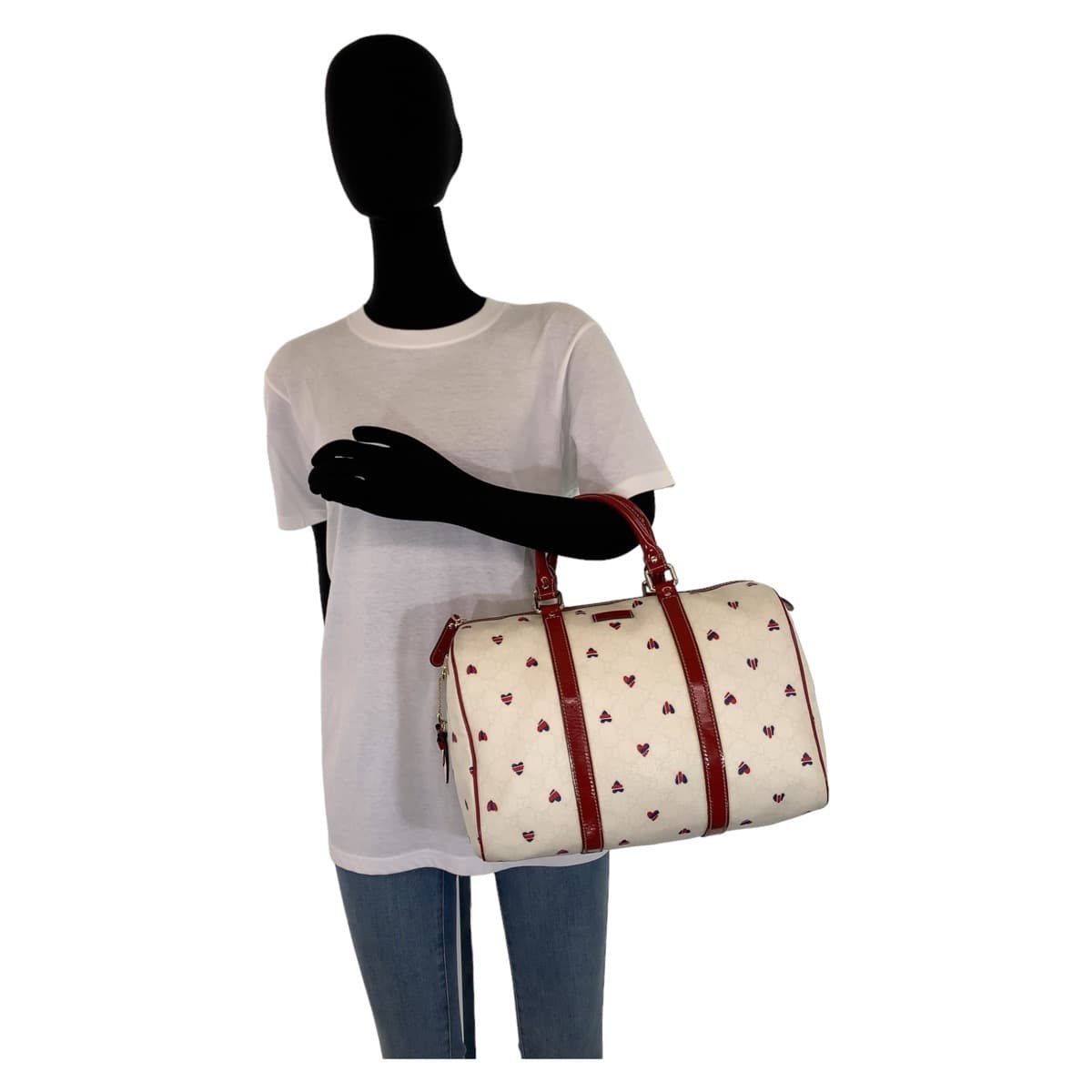GUCCI グッチ GGスプリーム GG柄 ホワイト 白 赤 シルバー金具 PVC 193603 ボストンバッグ ハンドバッグ  レディース