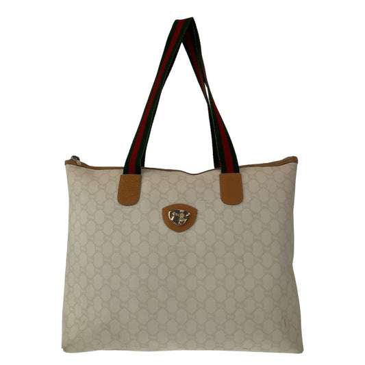 10948
GUCCI グッチ ヴィンテージ シェリーライン オールドグッチ GGプラス GG柄 ホワイト シルバー金具 PVC トートバッグ ハンドバッグ  レディース