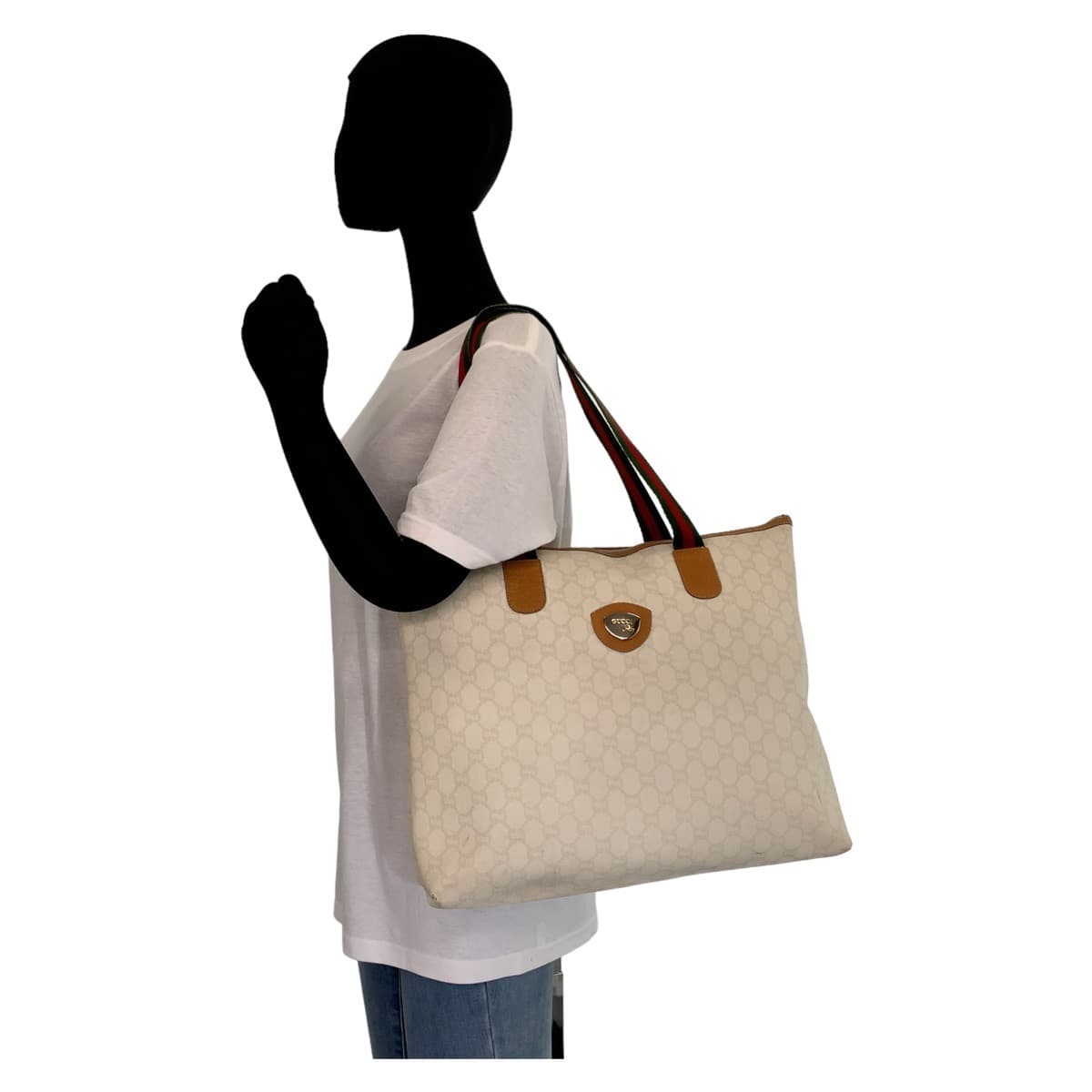 10948
GUCCI グッチ ヴィンテージ シェリーライン オールドグッチ GGプラス GG柄 ホワイト シルバー金具 PVC トートバッグ ハンドバッグ  レディース