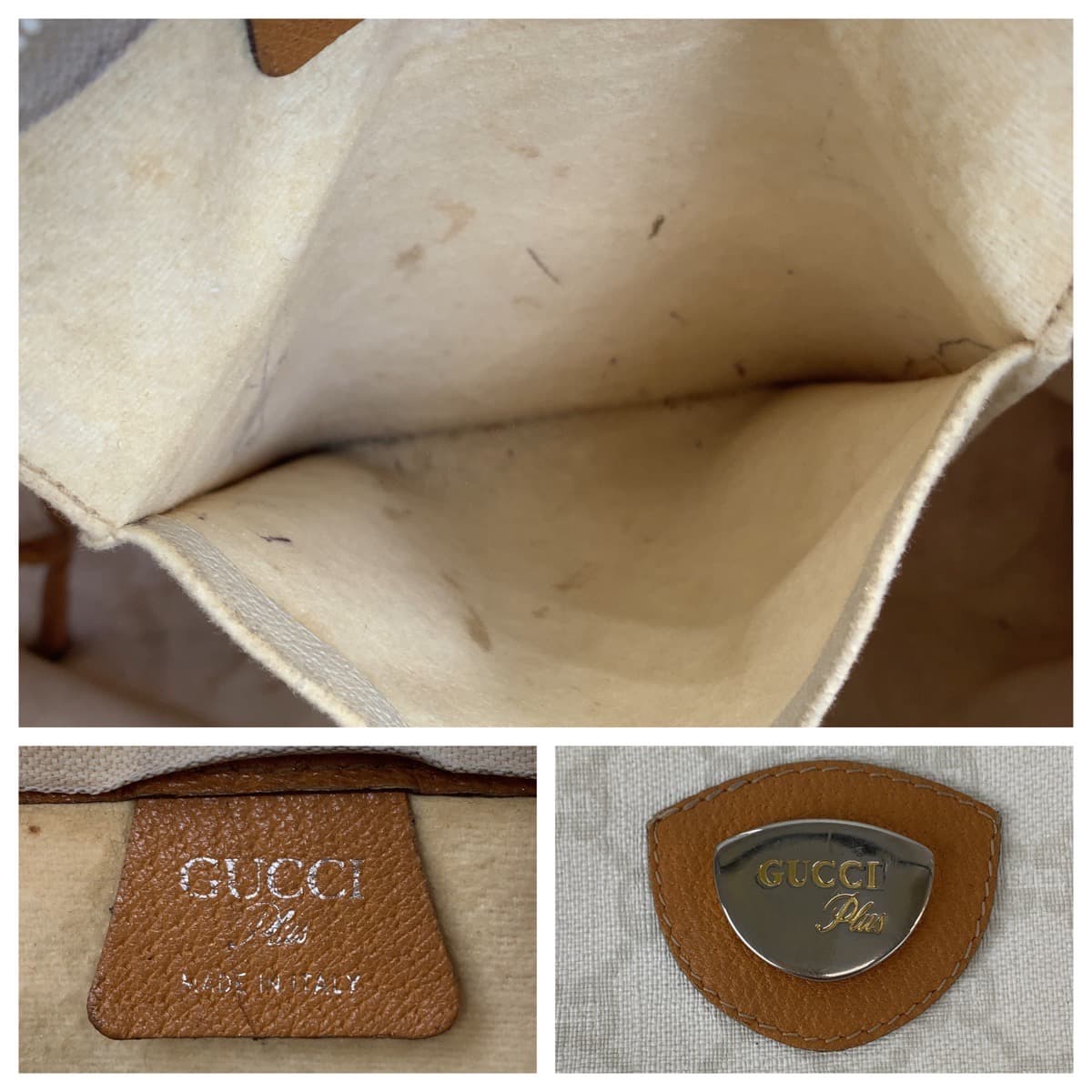 10948
GUCCI グッチ ヴィンテージ シェリーライン オールドグッチ GGプラス GG柄 ホワイト シルバー金具 PVC トートバッグ ハンドバッグ  レディース