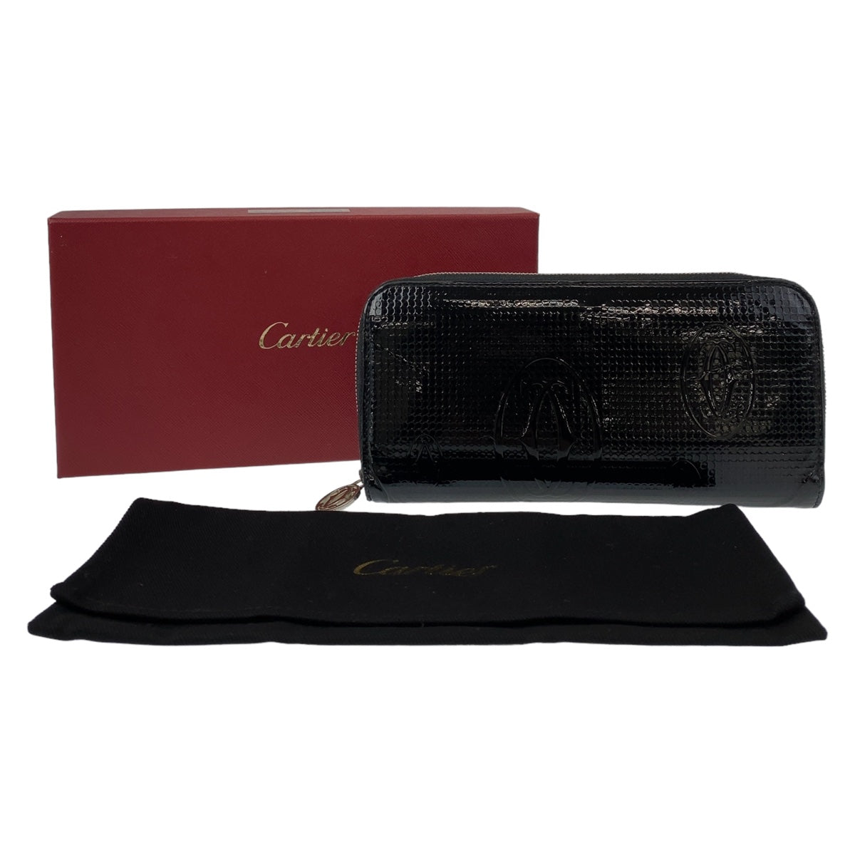 10967
CARTIER カルティエ ハッピーバースデー ブラック シルバー金具 パテントレザー 長財布 ロングウォレット  メンズ
