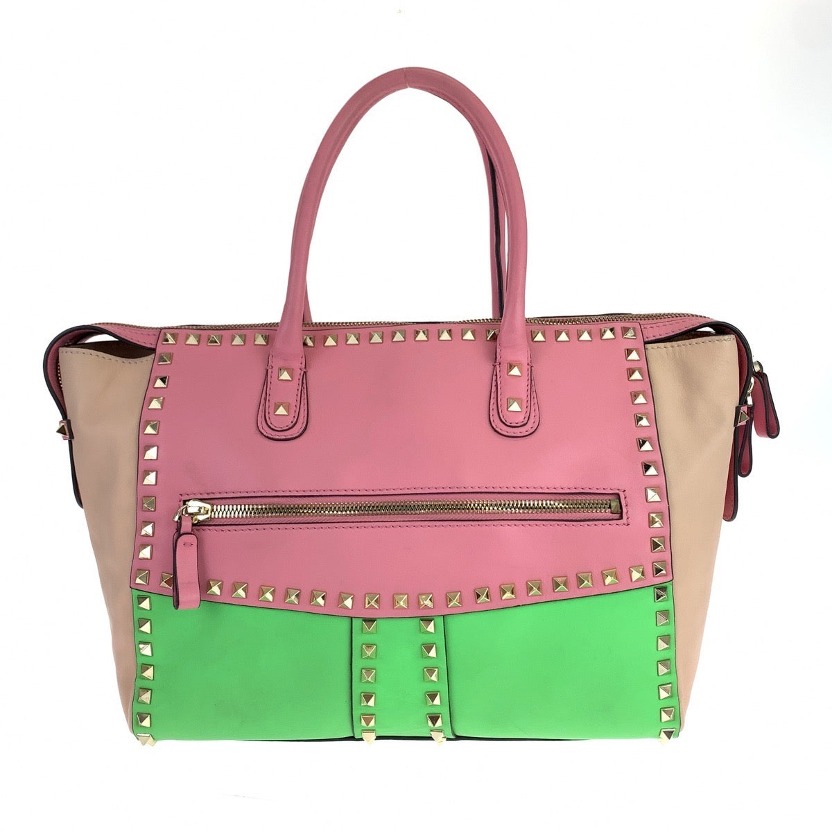 VALENTINO ヴァレンティノ ロックスタッズ ピンク グリーン 緑 ゴールド金具 レザー ショルダーバッグ トートバッグ  レディース