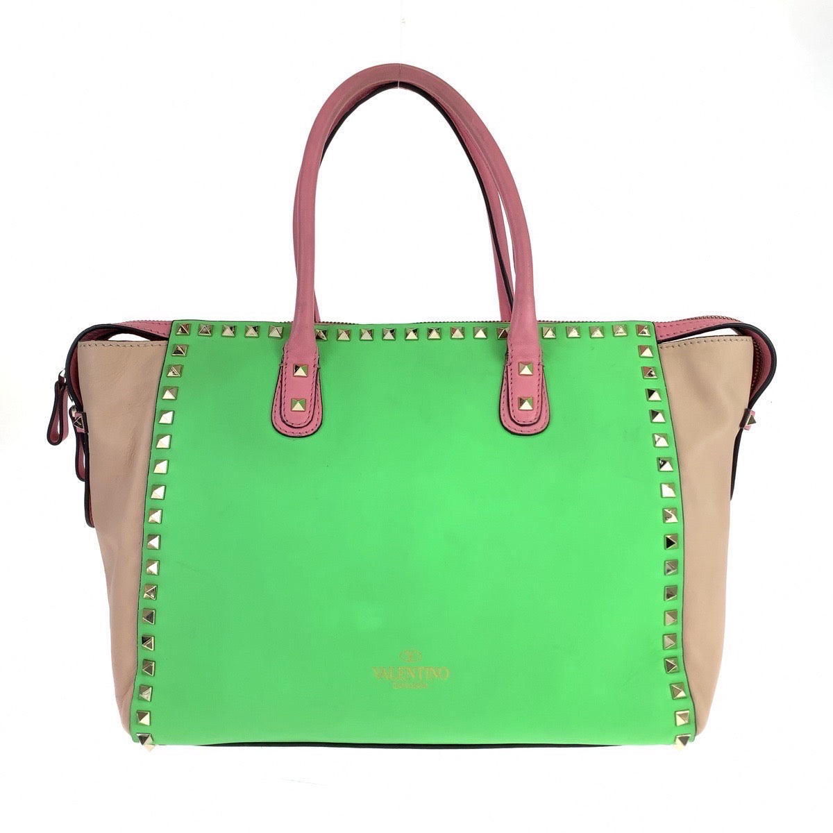 VALENTINO ヴァレンティノ ロックスタッズ ピンク グリーン 緑 ゴールド金具 レザー ショルダーバッグ トートバッグ  レディース