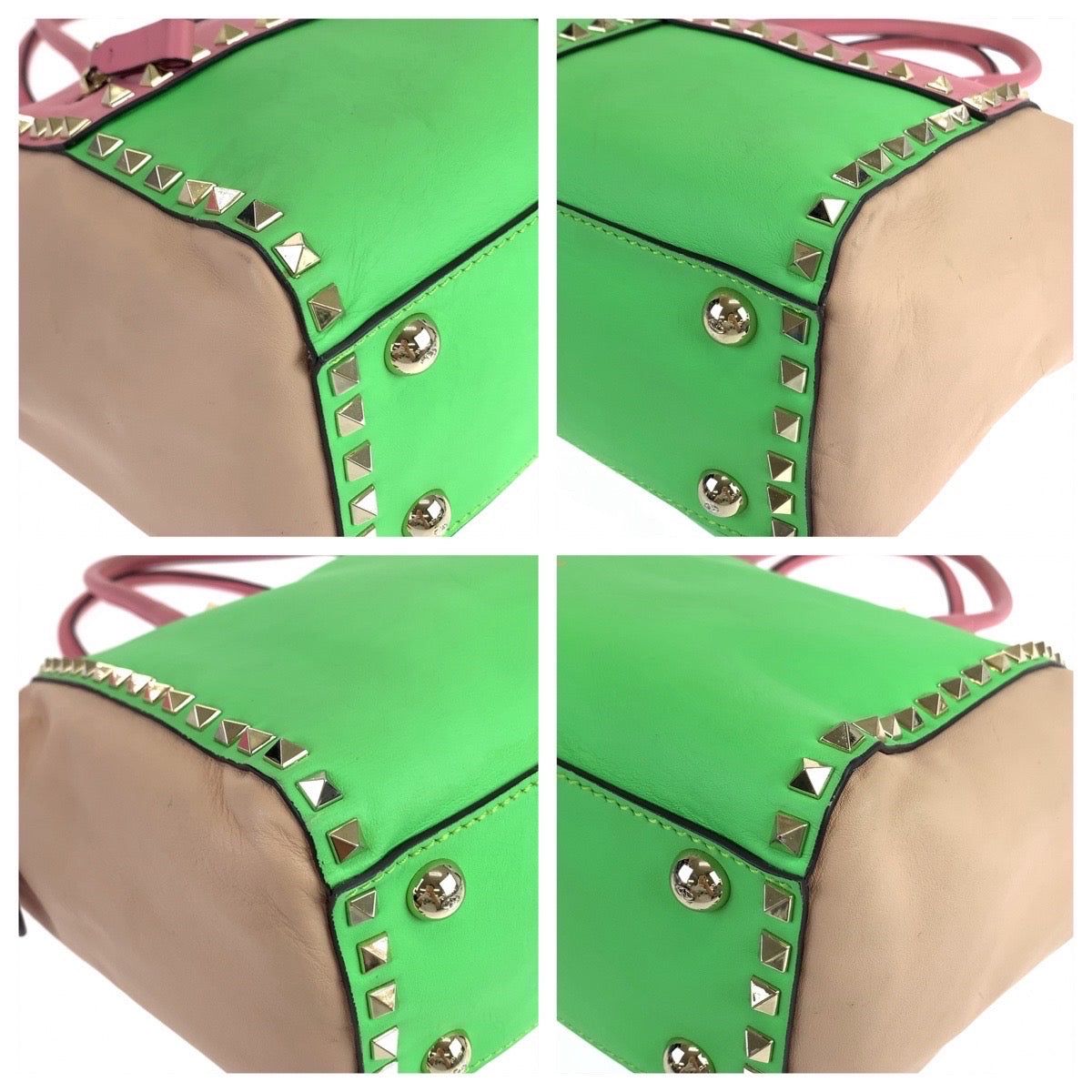 VALENTINO ヴァレンティノ ロックスタッズ ピンク グリーン 緑 ゴールド金具 レザー ショルダーバッグ トートバッグ  レディース