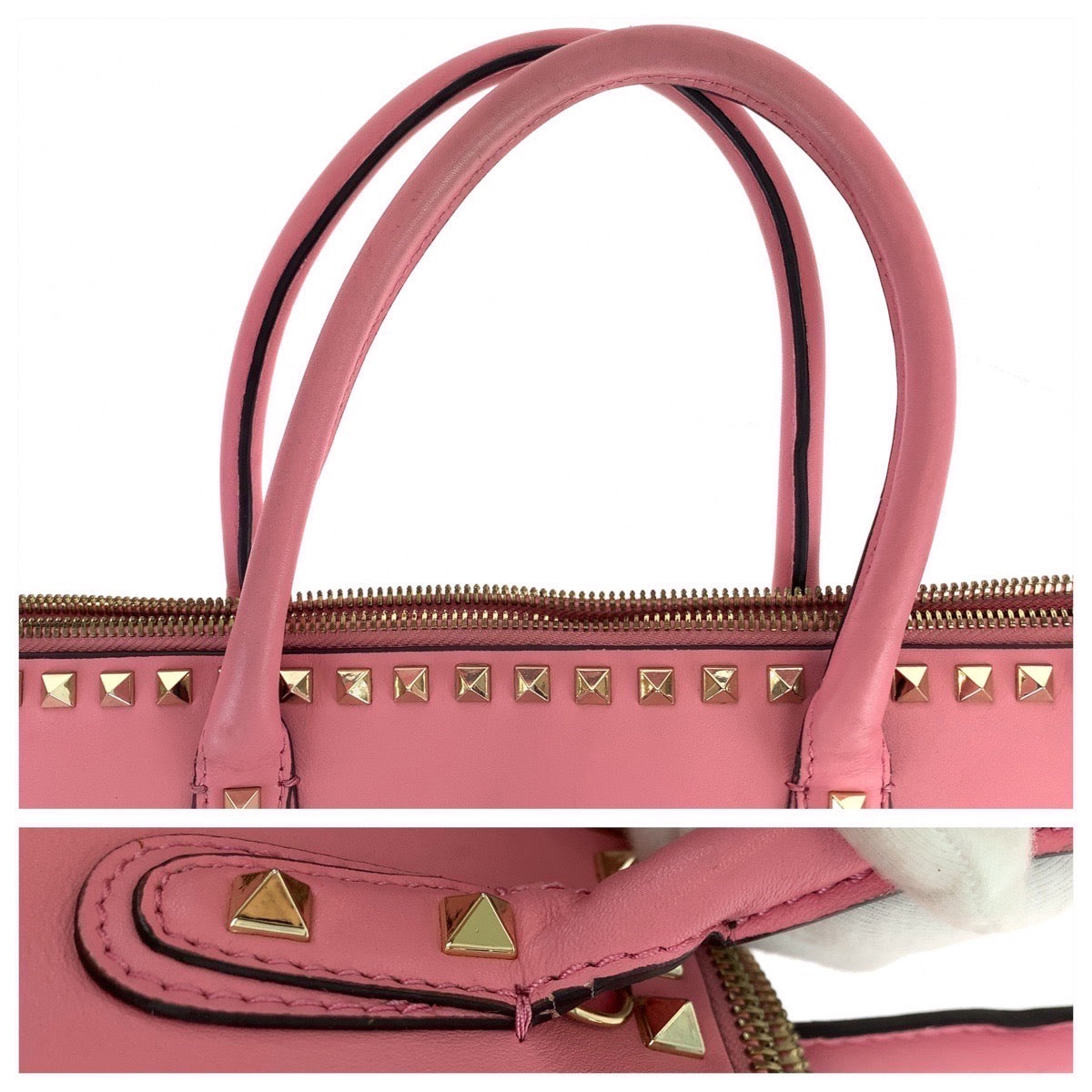 VALENTINO ヴァレンティノ ロックスタッズ ピンク グリーン 緑 ゴールド金具 レザー ショルダーバッグ トートバッグ  レディース