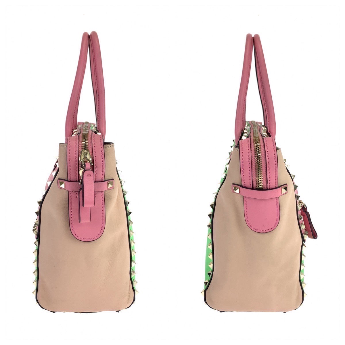 VALENTINO ヴァレンティノ ロックスタッズ ピンク グリーン 緑 ゴールド金具 レザー ショルダーバッグ トートバッグ  レディース