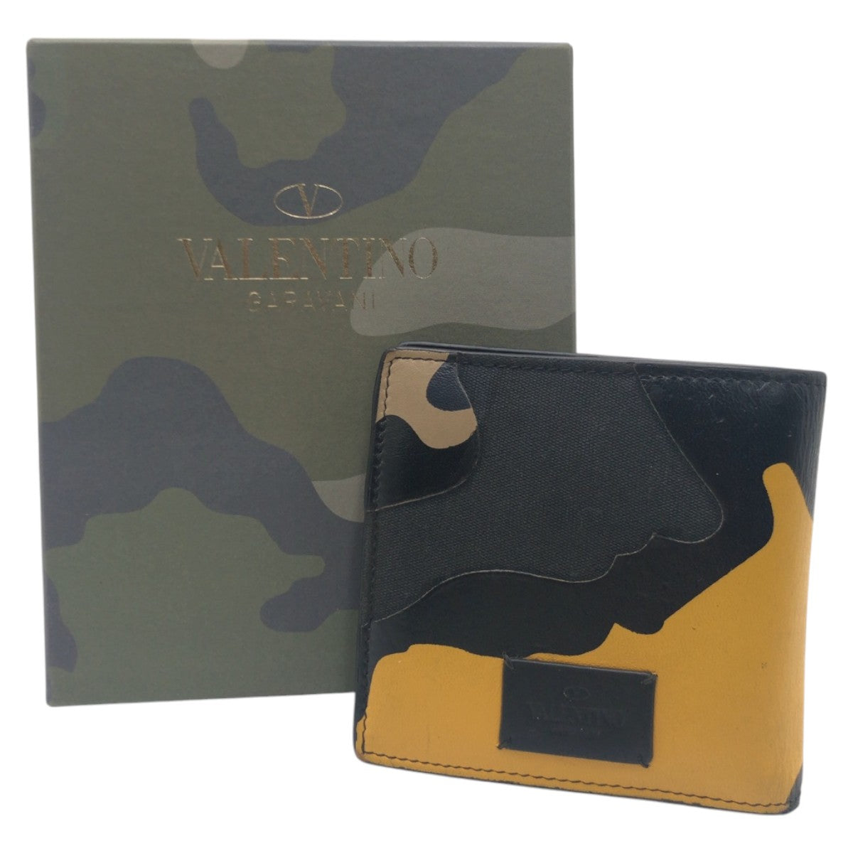 VALENTINO Camouflage Black Yellow Leather/Canvas PR P 617 ASD 2-Fold Wallet Compact Wallet for Men