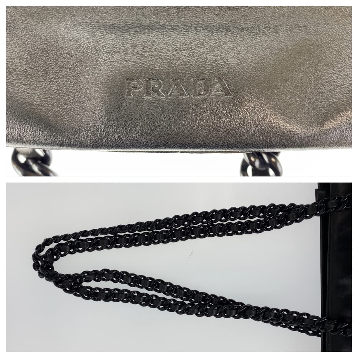 10986
PRADA プラダ ヴィンテージ プラチェーン ブラック 黒 シルバー金具 レザー ショルダーバッグ トートバッグ  レディース