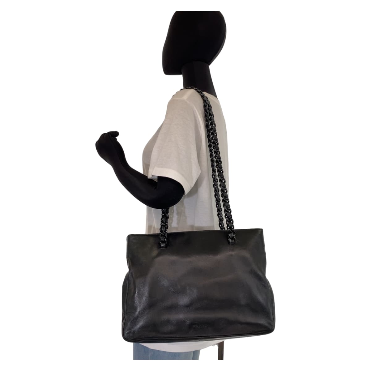 10986
PRADA プラダ ヴィンテージ プラチェーン ブラック 黒 シルバー金具 レザー ショルダーバッグ トートバッグ  レディース