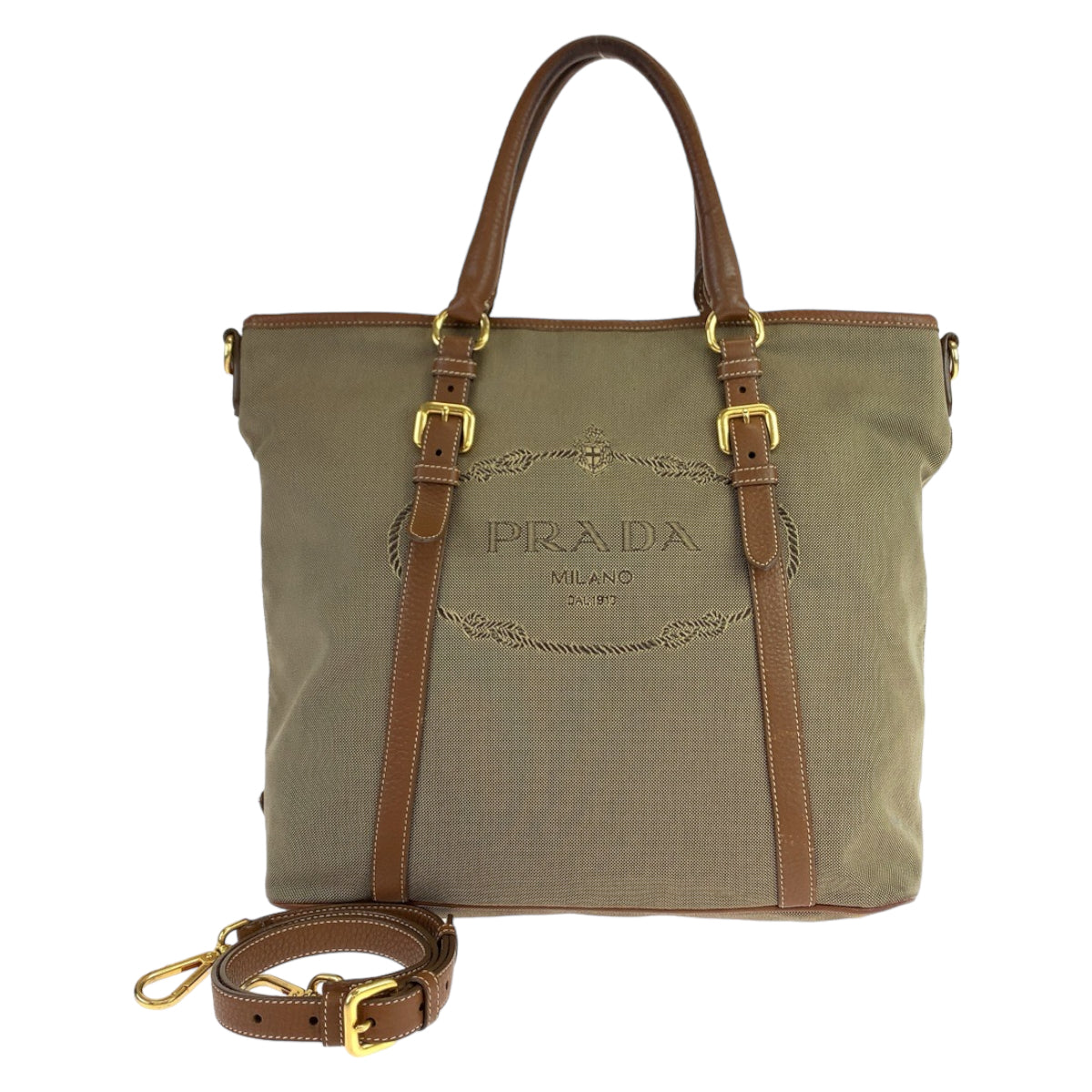10994
PRADA プラダ ロゴジャガード 三角ロゴプレート ベージュ ブラウン ゴールド金具 キャンバス / レザー ショルダーバッグ トートバッグ 2way  レディース
