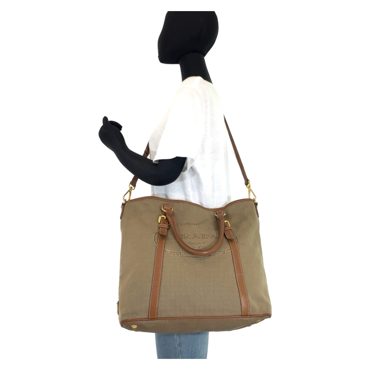 10994
PRADA プラダ ロゴジャガード 三角ロゴプレート ベージュ ブラウン ゴールド金具 キャンバス / レザー ショルダーバッグ トートバッグ 2way  レディース