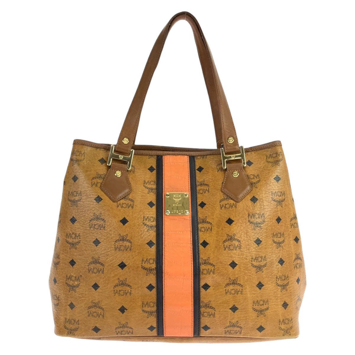 MCM Visetos unisex brown camel gold hardware leather shoulder bag tote bag for women