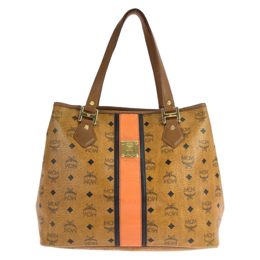 MCM Visetos unisex brown camel gold hardware leather shoulder bag tote bag for women