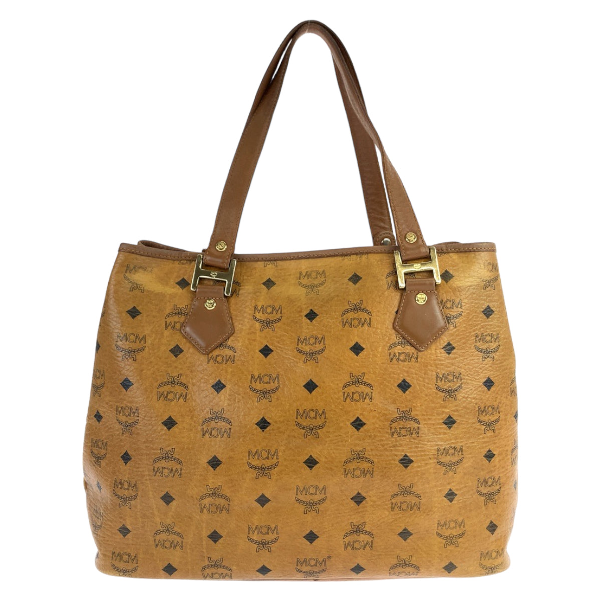 MCM Visetos unisex brown camel gold hardware leather shoulder bag tote bag for women