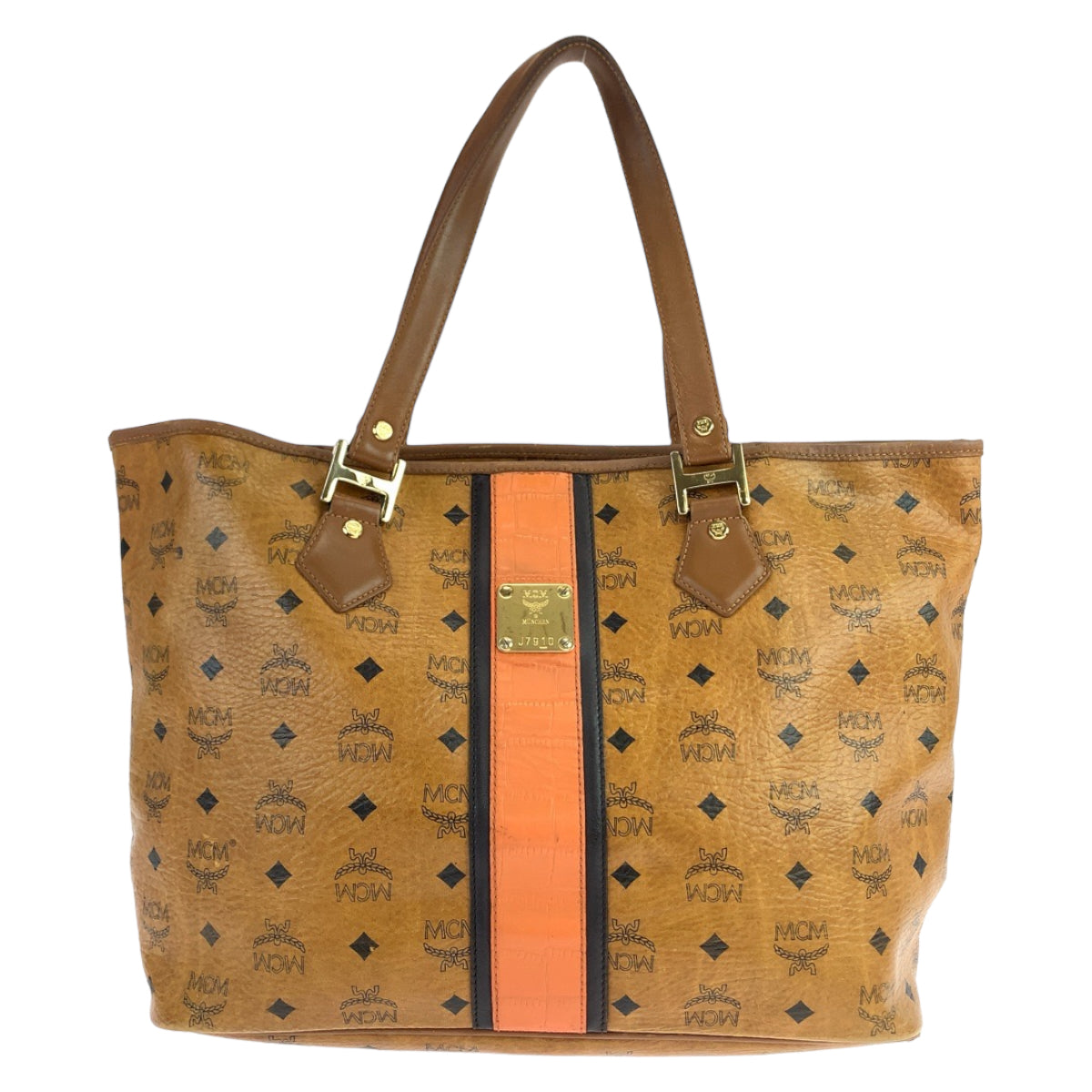 MCM Visetos unisex brown camel gold hardware leather shoulder bag tote bag for women