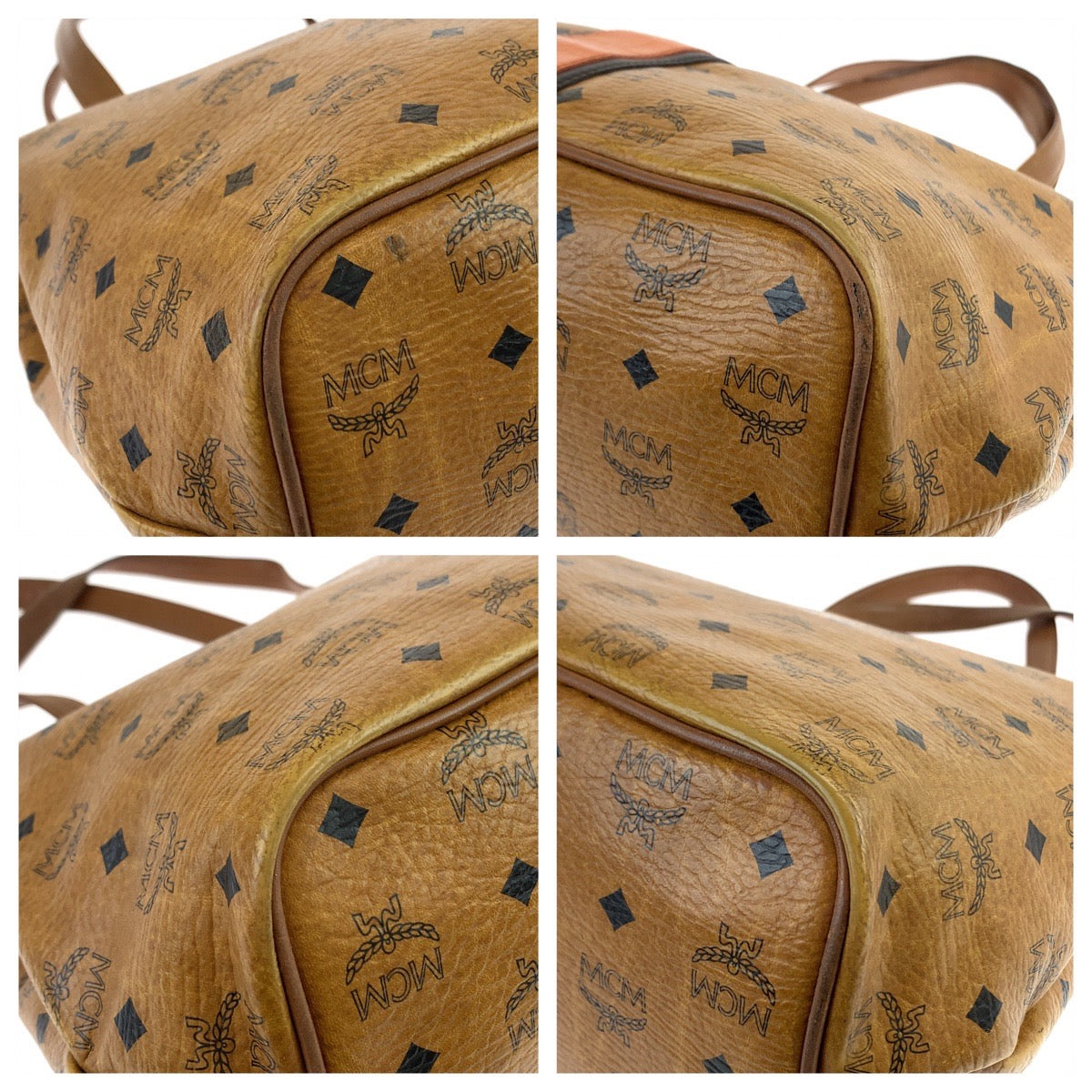 MCM Visetos unisex brown camel gold hardware leather shoulder bag tote bag for women