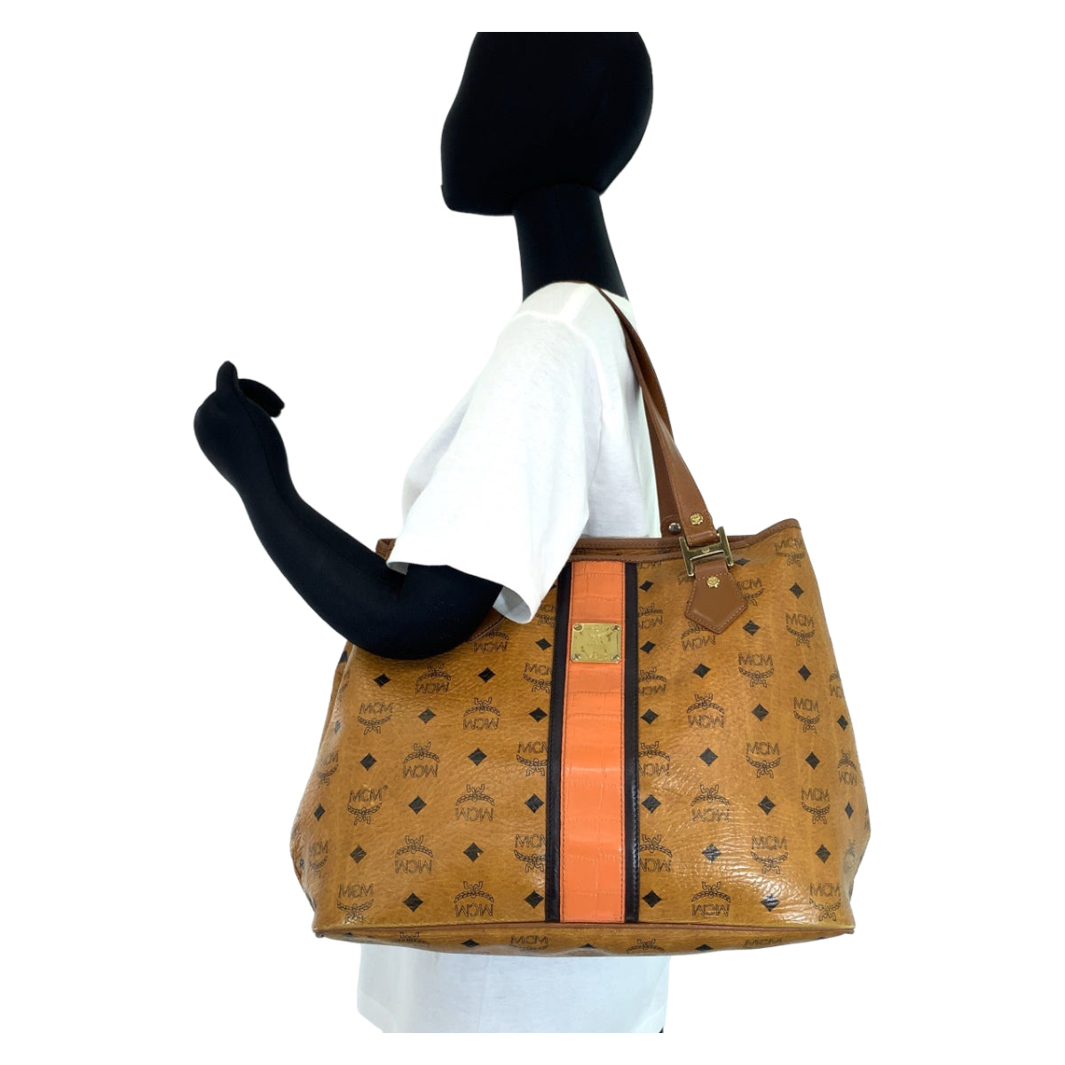 MCM Visetos unisex brown camel gold hardware leather shoulder bag tote bag for women