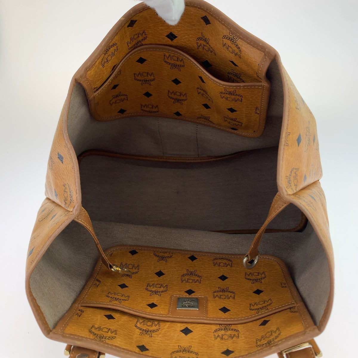 MCM Visetos unisex brown camel gold hardware leather shoulder bag tote bag for women