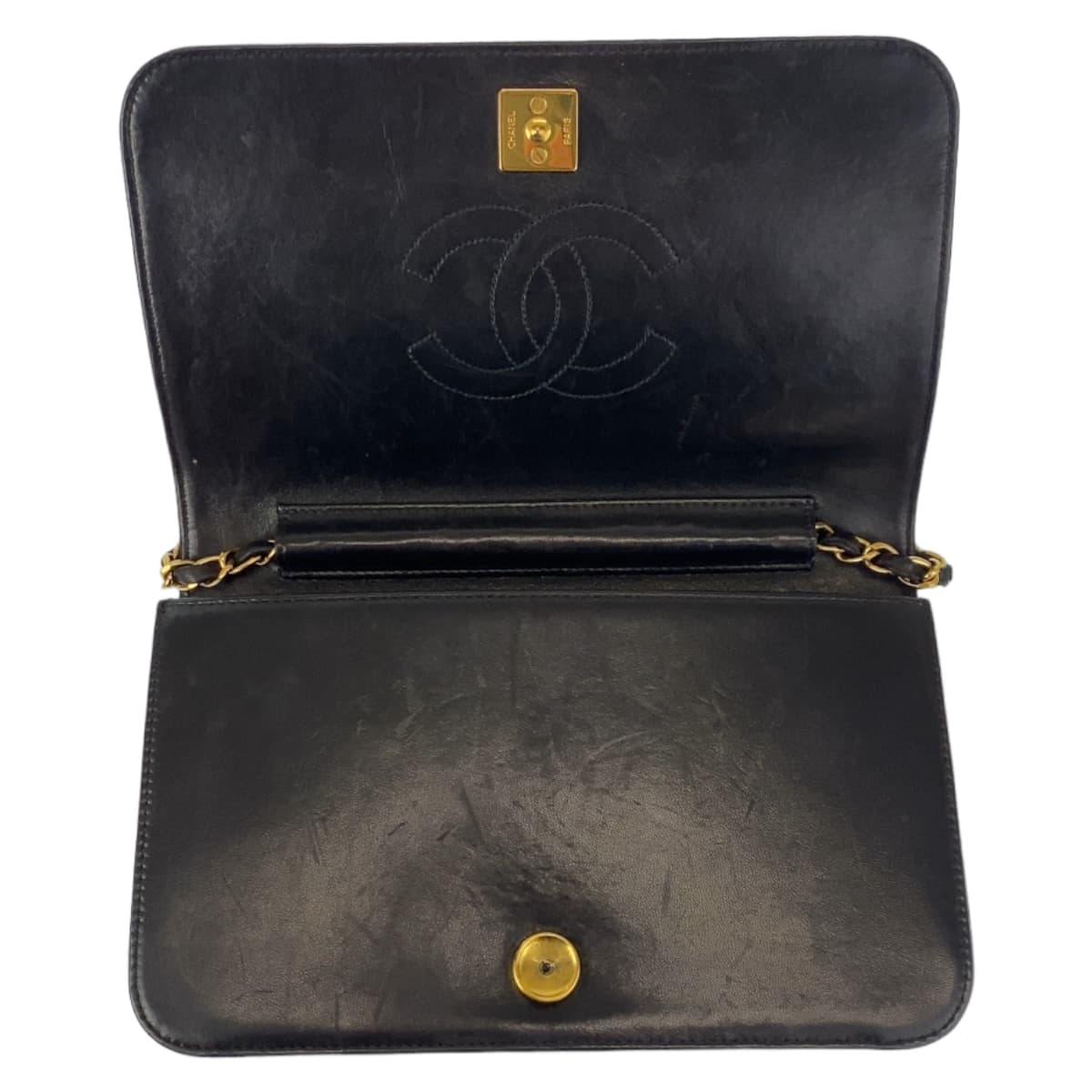 CHANEL シャネル ヴィンテージ マトラッセ ココマーク シングルフラップ プッシュロック ブラック 黒 ゴールド金具 ラムスキン ショルダーバッグ チェーンショルダー  レディース