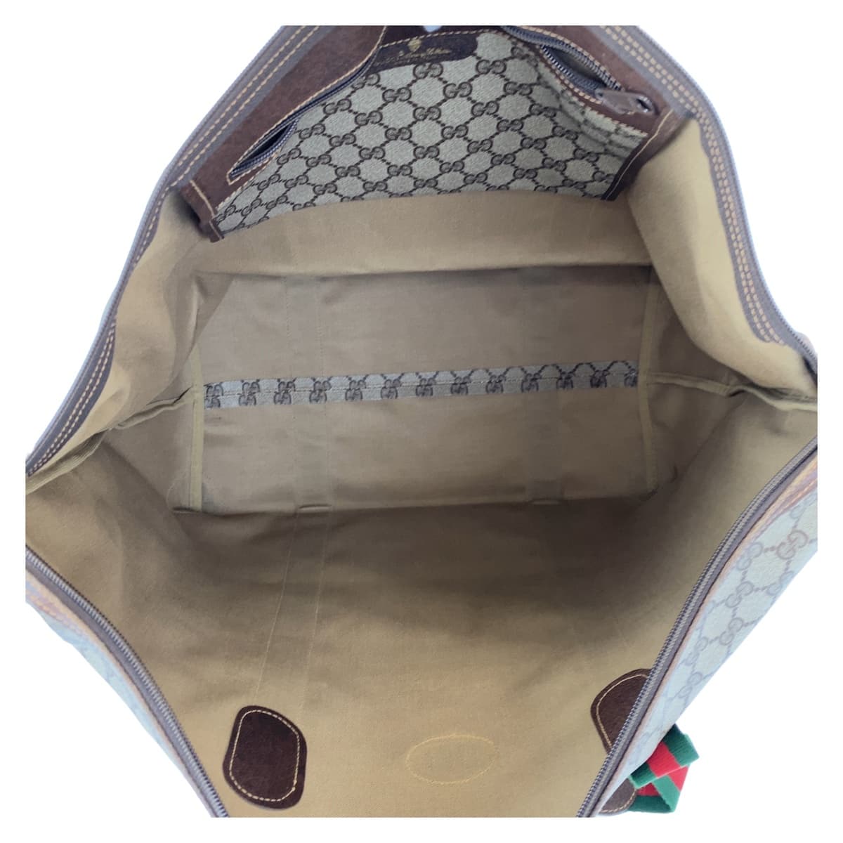 GUCCI グッチ ヴィンテージ オールドグッチ シェリーライン ベージュ ブラウン 茶 GGスプリームキャンバス / レザー 156.19.012 トートバッグ 旅行バッグ  レディース