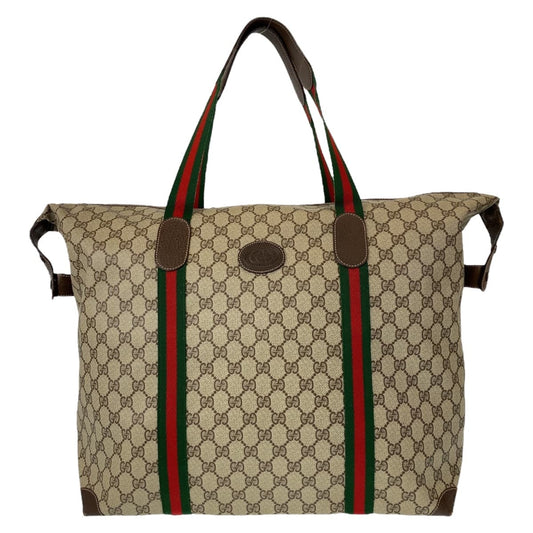 GUCCI グッチ ヴィンテージ オールドグッチ シェリーライン ベージュ ブラウン 茶 GGスプリームキャンバス / レザー 156.19.012 トートバッグ 旅行バッグ  レディース