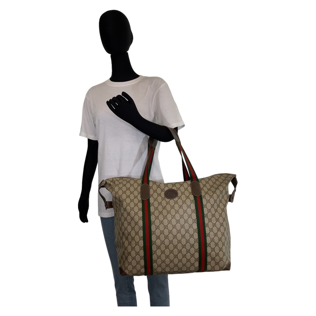 GUCCI グッチ ヴィンテージ オールドグッチ シェリーライン ベージュ ブラウン 茶 GGスプリームキャンバス / レザー 156.19.012 トートバッグ 旅行バッグ  レディース