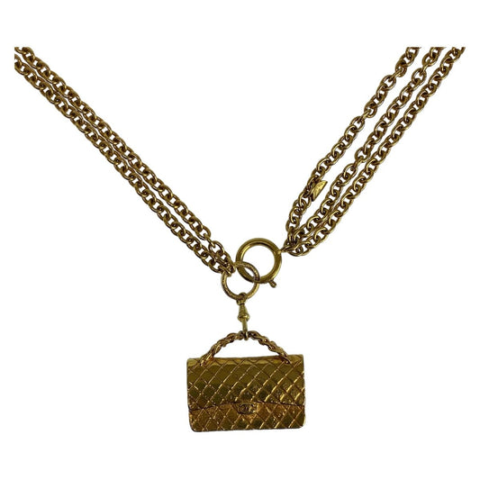 11604
 CHANEL Vintage Matelasse Gold Metal Matelasse Bag Necklace for Women