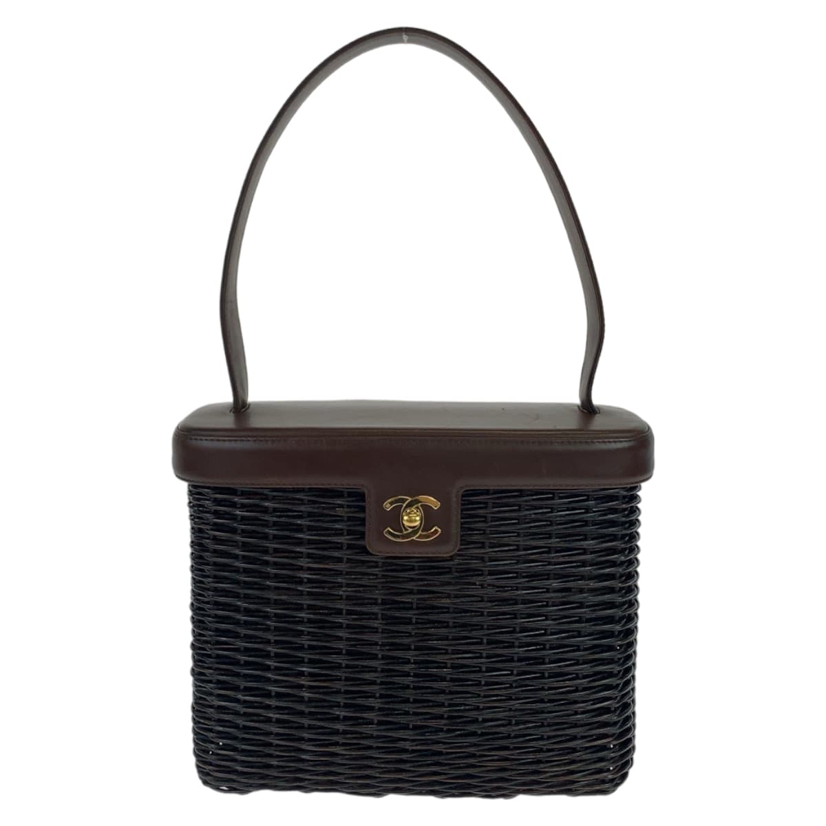 11033
 CHANEL Vintage Rattan Coco Mark Dark Brown Gold Hardware Straw / Lambskin Handbag Basket Bag Women's