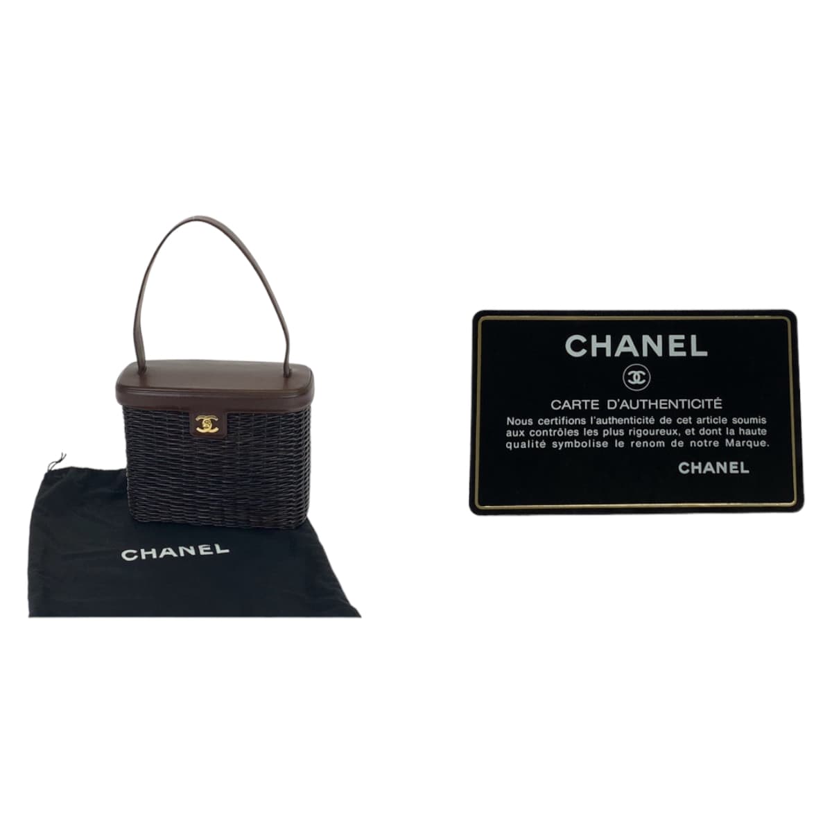 11033
 CHANEL Vintage Rattan Coco Mark Dark Brown Gold Hardware Straw / Lambskin Handbag Basket Bag Women's