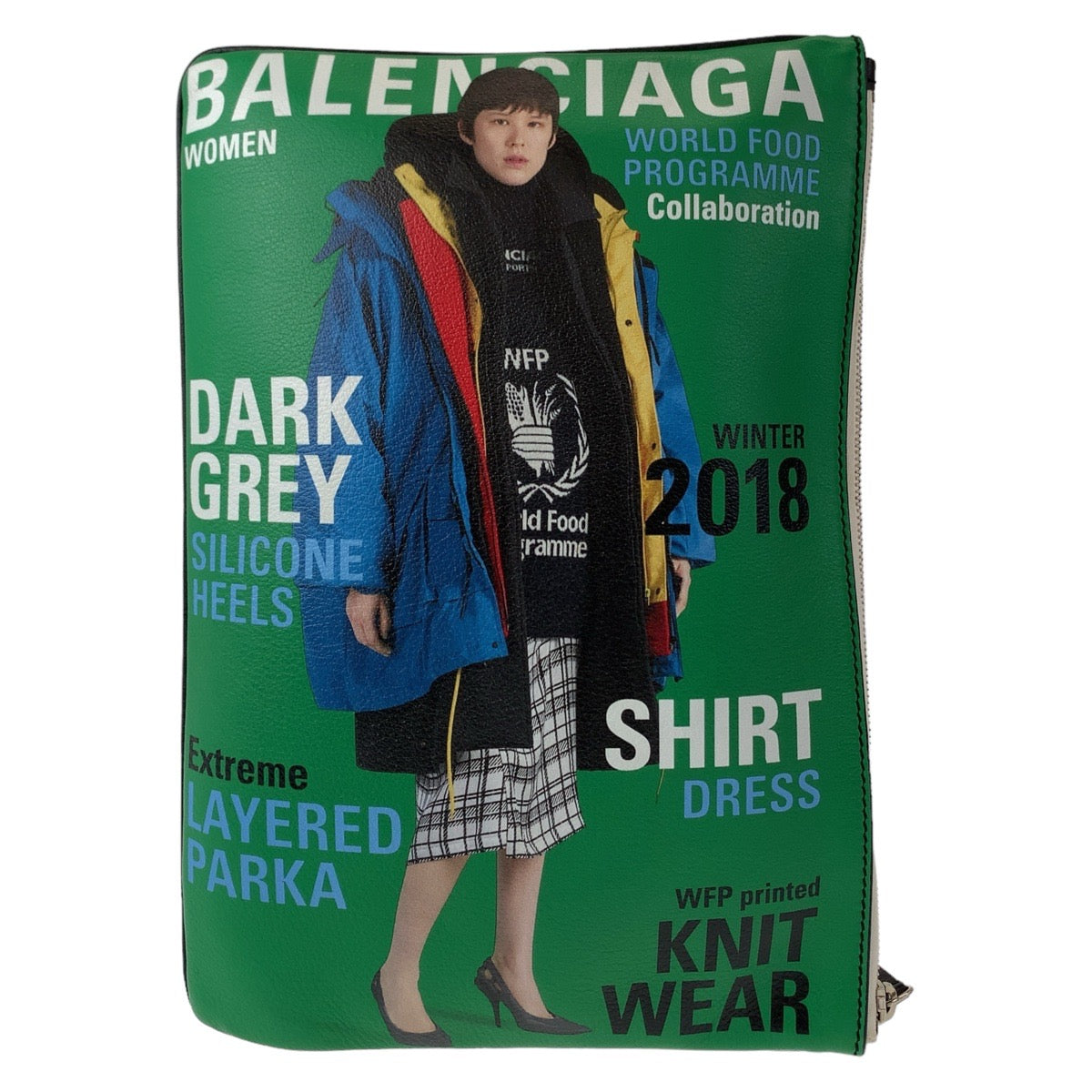 11035
BALENCIAGA バレンシアガ マガジンプリント ブラック 黒 グリーン シルバー金具 レザー クラッチバッグ セカンドバッグ  メンズ A32