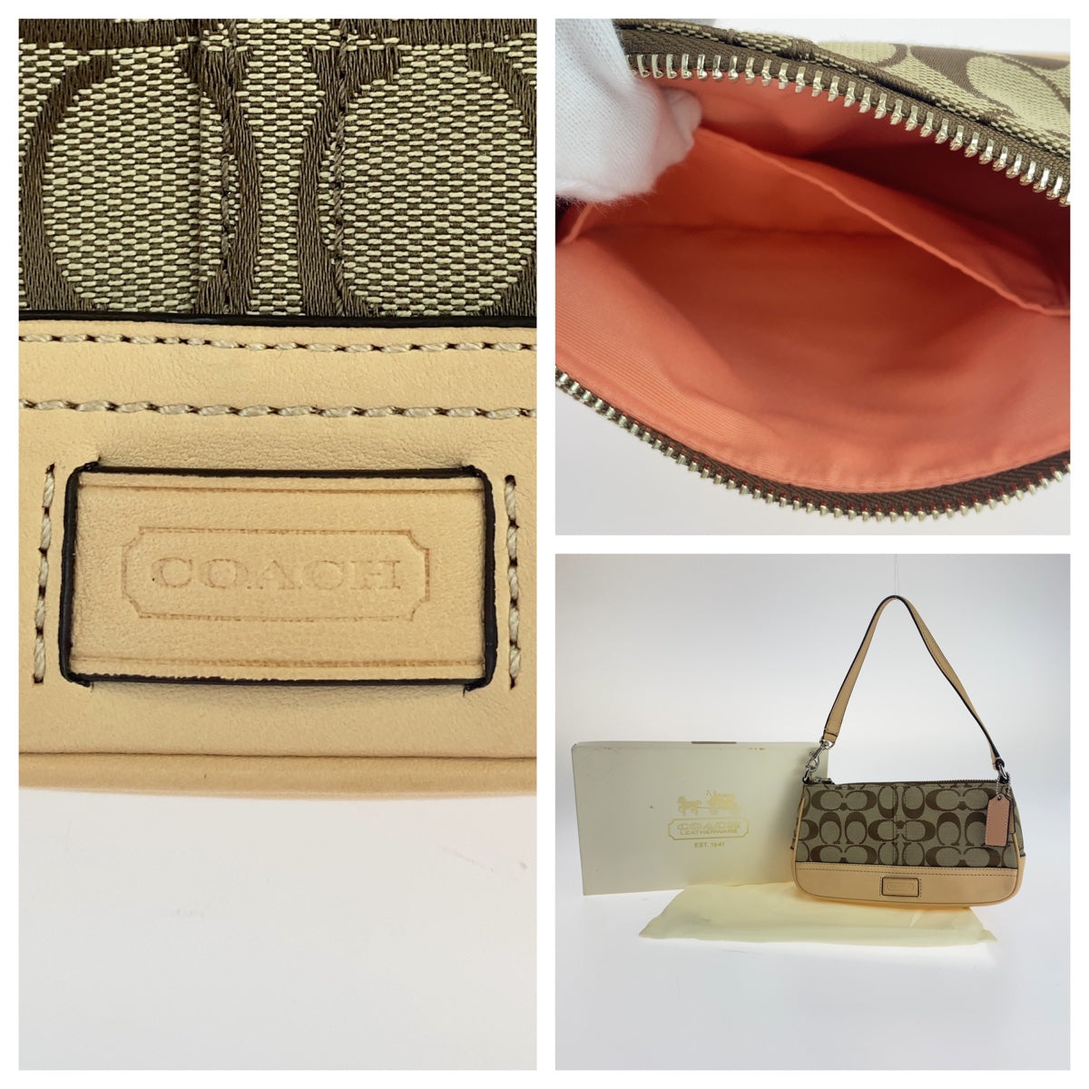 COACH コーチ シグネチャー ベージュ ブラウン 茶 シルバー金具 キャンバス ミニハンドバッグ アクセサリーポーチ  レディース
