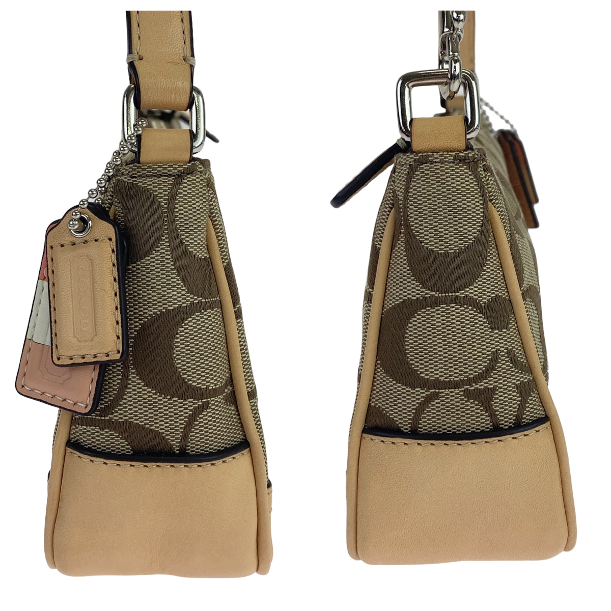 COACH コーチ シグネチャー ベージュ ブラウン 茶 シルバー金具 キャンバス ミニハンドバッグ アクセサリーポーチ  レディース