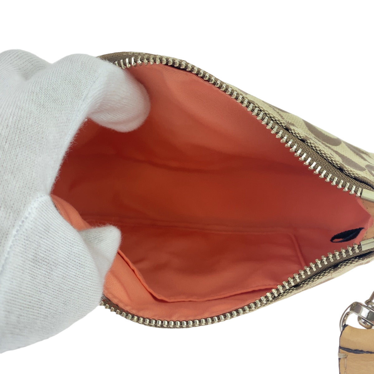 COACH コーチ シグネチャー ベージュ ブラウン 茶 シルバー金具 キャンバス ミニハンドバッグ アクセサリーポーチ  レディース